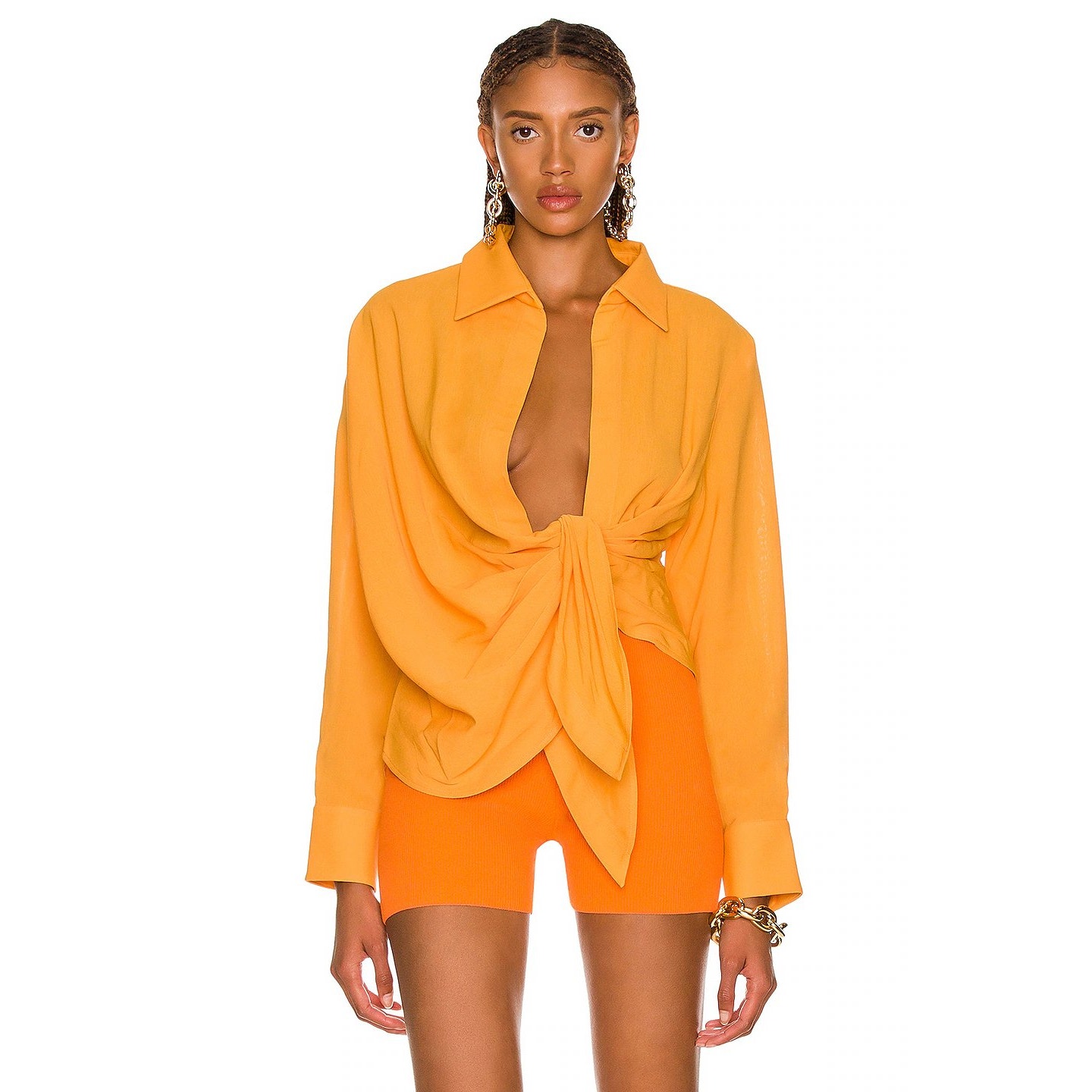 Jacquemus La Chemise Bahia Front Knot Long Sleeve Shirt Orange Women's Size 34